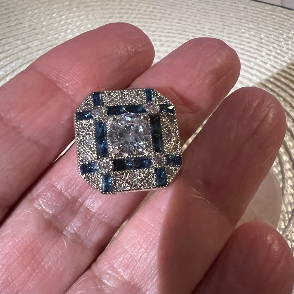 Art Deco Style Blue n White Crystal CZ Ring